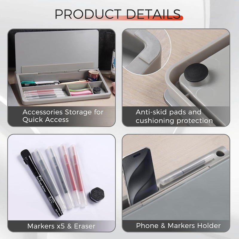 TOWON Small Compact Glass Desktop Whiteboard with Storage – 12 x 7 in Dry Erase Board for Desk, Home Office, School | Includes 5 Markers, Eraser & Holder | Space-Saving Organizer, Aesthetic Gray - Image 3